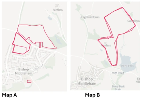 Image showing the two maps discussed in the text of the web page - showing the Call for Sites areas highlighted by Durham County Council as proposed for housing developments (MAP A) and Map showing the Call for Sites information for mineral and extraction site available (MAP B).