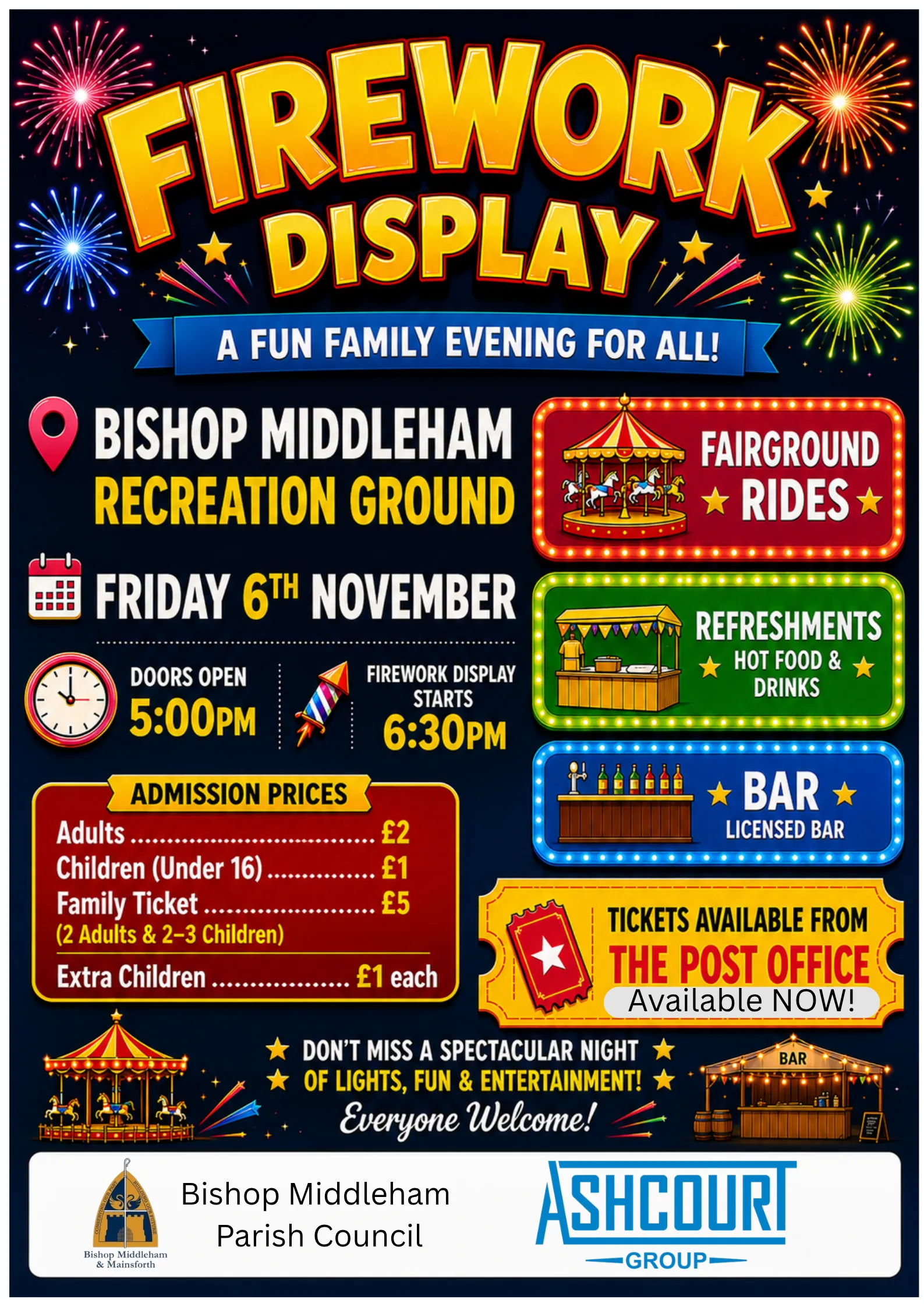 Poster advertising the Firework Display on 6 November 2026, shows and refreshments starting 5.30pm with the display starting at 6.30pm.  Tickets are on sale now from the Post Office.
